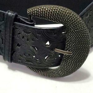 Retro 90s Boho Black Embossed Vegan Leather Wide Elasticized Belt
